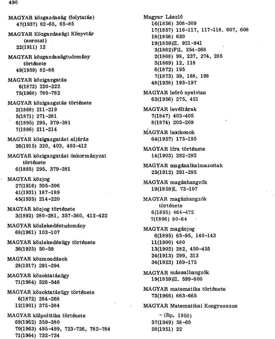 önkormányzat története 6(1895) 295, 379-381 MAGYAR közjog 27(1916) 395-396 41(1931) 187-189 45(1935) 214-220 MAGYAR közjog története 3(1892) 280-281, 357-360, 412-122 MAGYAR közlekedéstudomány