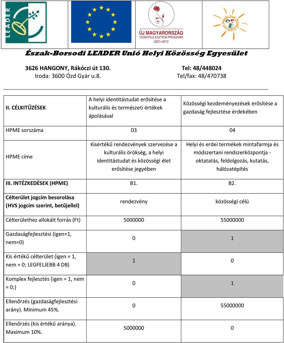 feldolgozás, kutatás, hálózatépítés III. INTÉZKEDÉSEK (HPME) B1. B2.