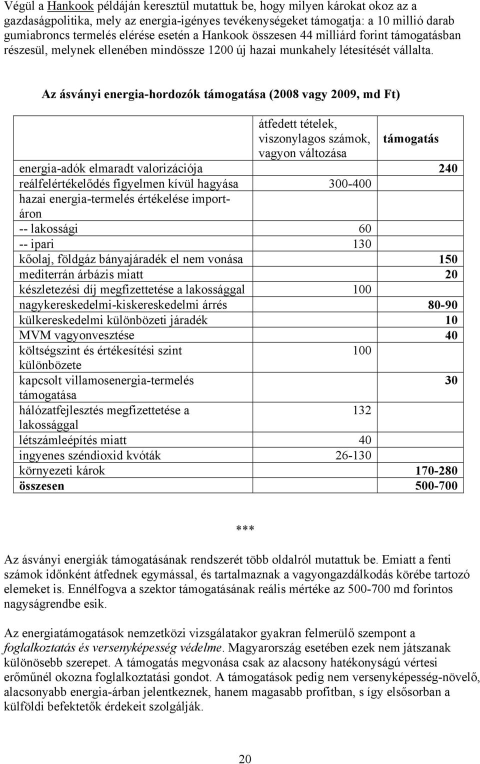 Az ásványi energia-hordozók támogatása (2008 vagy 2009, md Ft) átfedett tételek, viszonylagos számok, támogatás vagyon változása energia-adók elmaradt valorizációja 240 reálfelértékelődés figyelmen