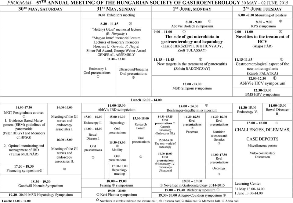30 Financing symposium 14.00-16.00 Meeting of the GI nurses and endoscopy associates I. 16.00-18.00 Meeting of the GI nurses and endoscopy associates II. 08.00 Exhibitors meeting 8.00 8.
