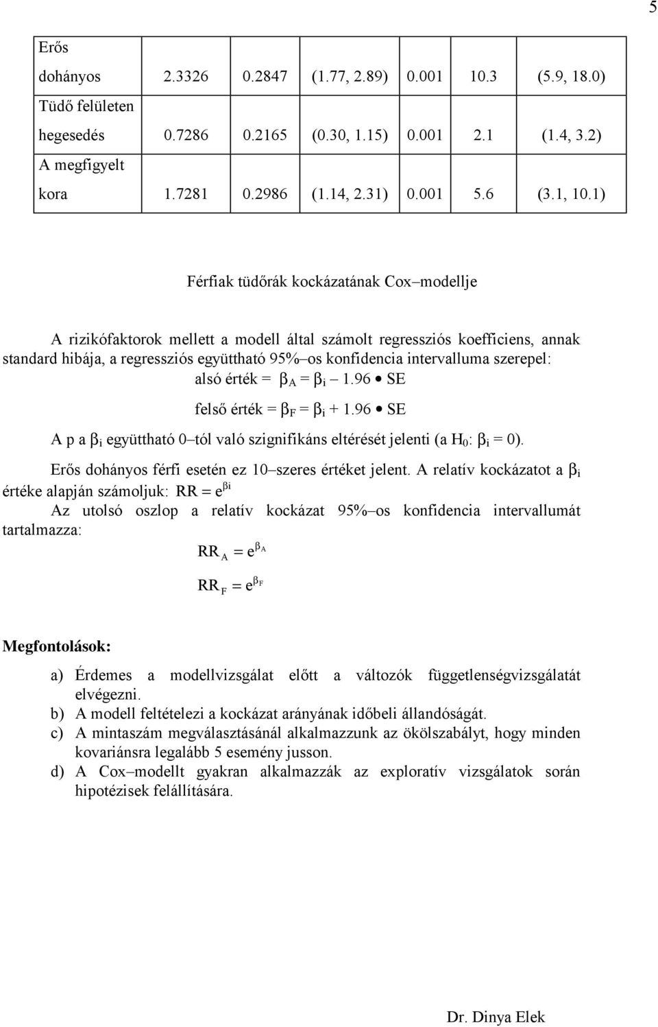 1) Férfiak tüdőrák kockázatának Cox modellje A rizikófaktorok mellett a modell által számolt regressziós koefficiens, annak standard hibája, a regressziós együttható 95% os konfidencia intervalluma