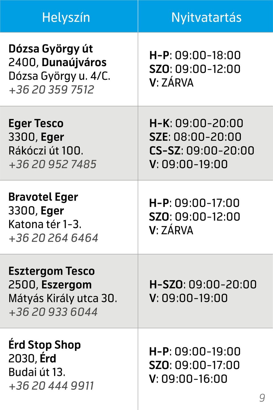 Katona tér 1-3. +36 20 264 6464 Esztergom Tesco 2500, Eszergom Mátyás Király utca 30.