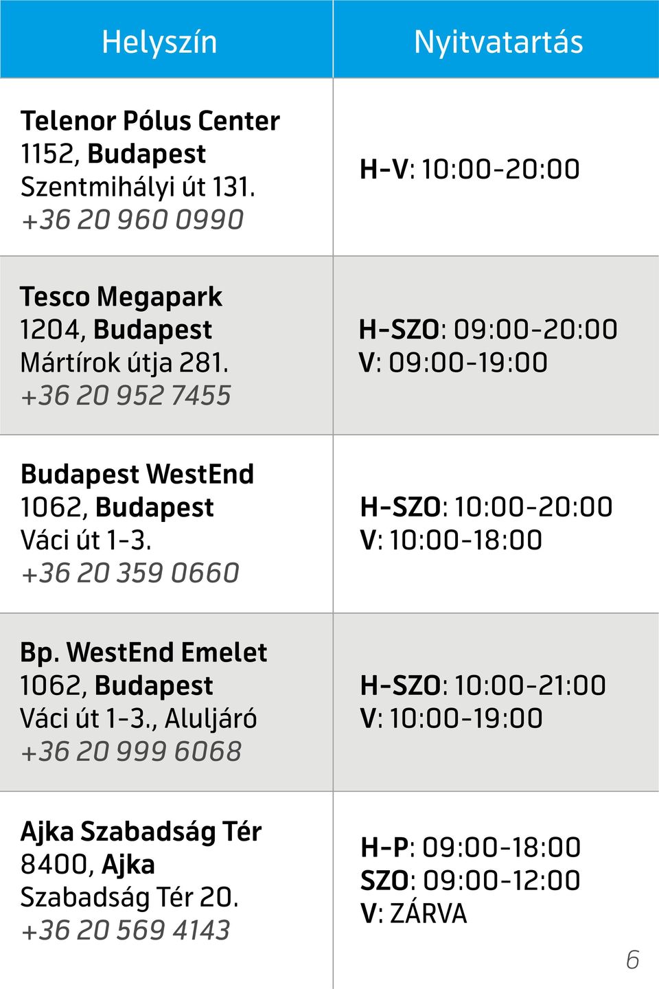 +36 20 952 7455 V: 09:00-19:00 Budapest WestEnd 1062, Budapest Váci út 1-3.