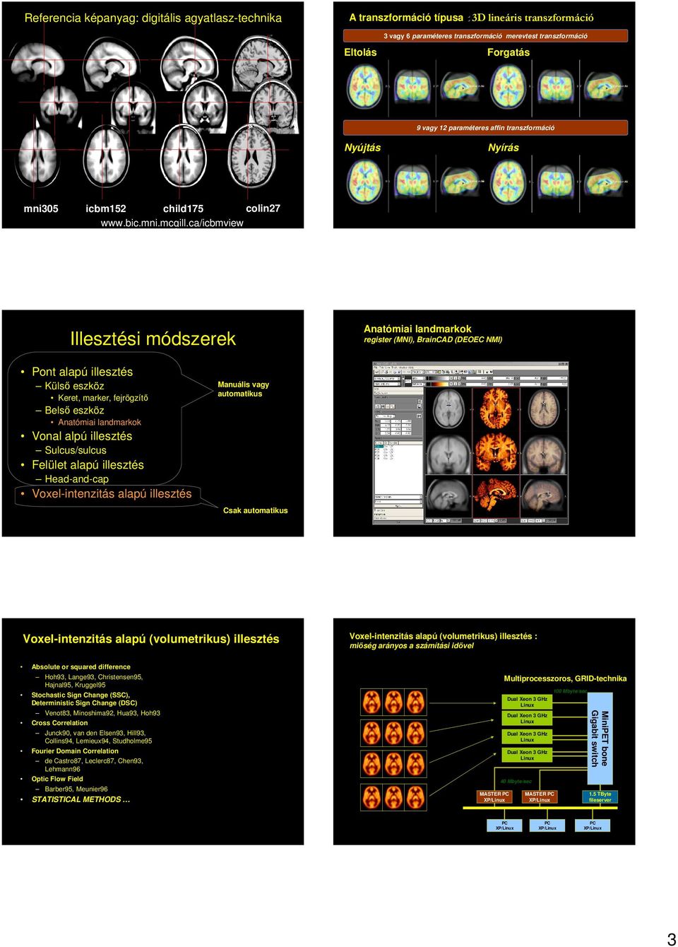 ca/icbmview 13 Illesztési módszerek Anatómiai landmarkok register (MNI), BrainCAD (DEOEC NMI) Pont alapú illesztés Külsı eszköz Keret, marker, fejrögzítı Belsı eszköz Anatómiai landmarkok Vonal alpú