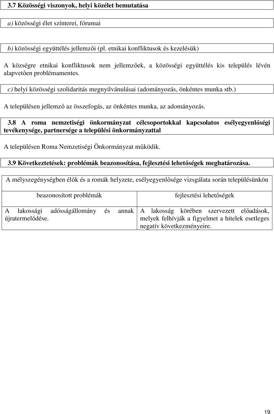 c) helyi közösségi szolidaritás megnyilvánulásai (adományozás, önkéntes munka stb.) A településen jellemző az összefogás, az önkéntes munka, az adományozás. 3.