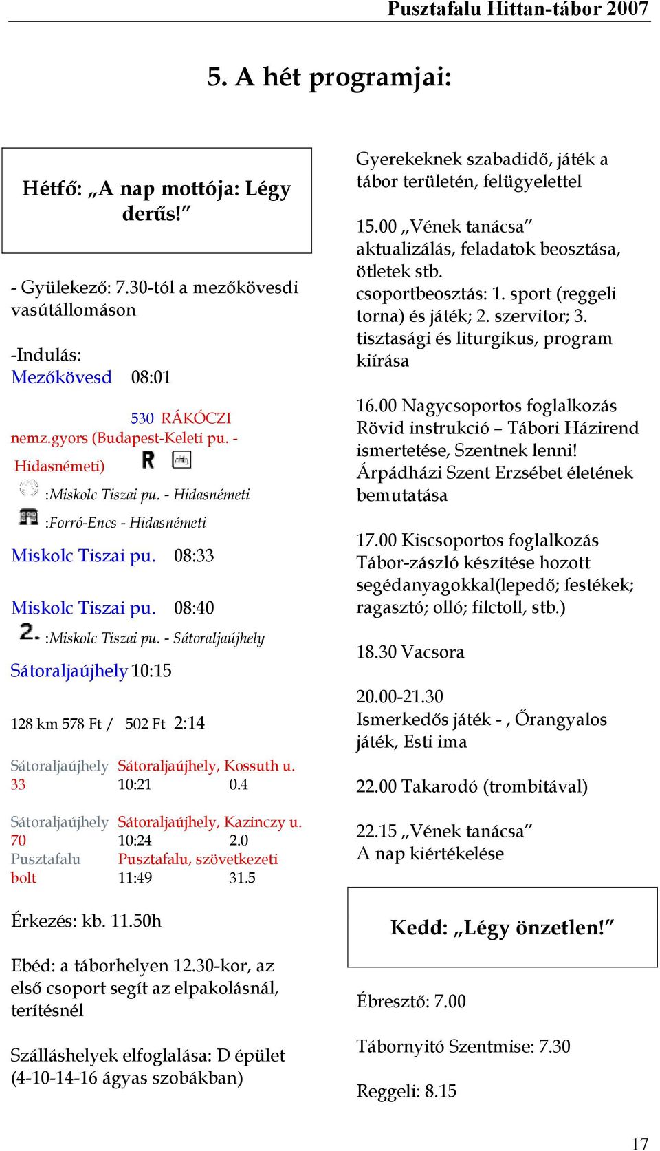 30 128 km 578 Ft / 502 Ft 2:14 Ismerkedős játék -, Őrangyalos játék, Esti ima Sátoraljaújhely Sátoraljaújhely, Kossuth u. 33 10:21 0.4 Gyerekeknek szabadidő, játék a tábor területén, felügyelettel 15.