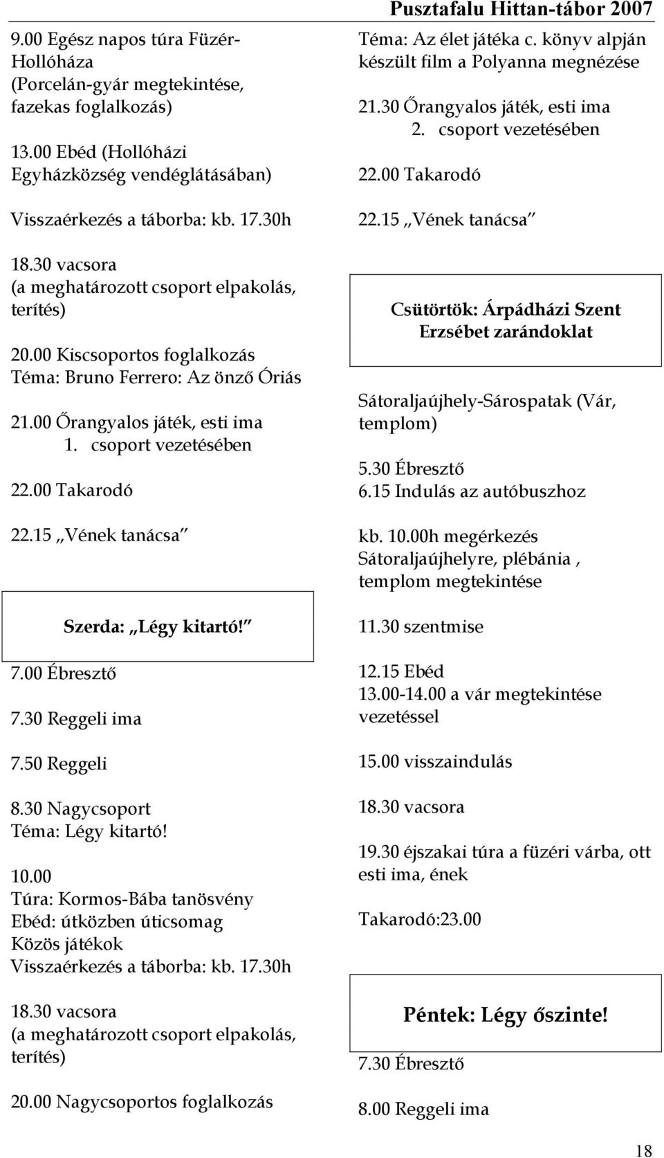 15 Vének tanácsa Szerda: Légy kitartó! 7.00 Ébresztő 7.30 Reggeli ima 7.50 Reggeli 8.30 Nagycsoport Téma: Légy kitartó! 10.