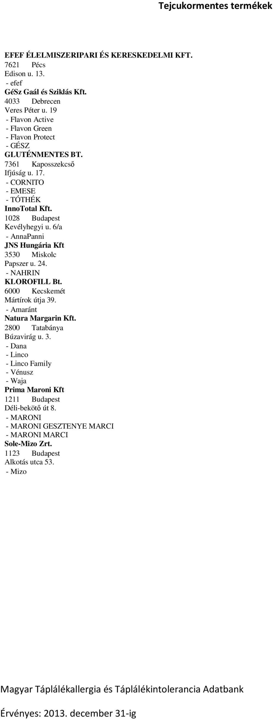 1028 Budapest Kevélyhegyi u. 6/a - AnnaPanni JNS Hungária Kft 3530 Miskolc Papszer u. 24. - KLOROFILL Bt. 6000 Kecskemét Mártírok útja 39. - Amaránt Natura Margarin Kft.
