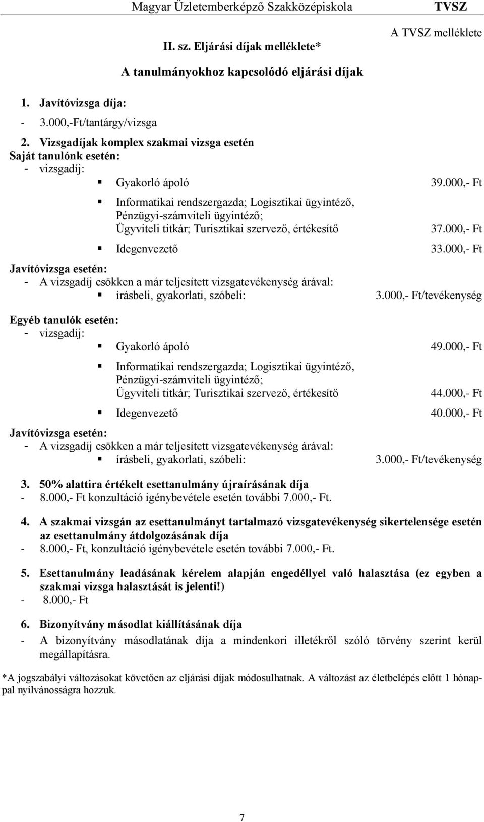 000,- Ft Informatikai rendszergazda; Logisztikai ügyintéző, Pénzügyi-számviteli ügyintéző; Ügyviteli titkár; Turisztikai szervező, értékesítő 37.000,- Ft Idegenvezető 33.