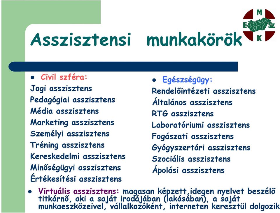 RTG asszisztens Laboratóriumi asszisztens Fogászati asszisztens Gyógyszertári asszisztens Szociális asszisztens Ápolási asszisztens Virtuális