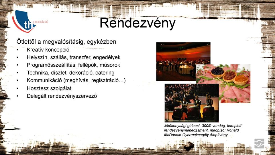 (meghívás, regisztráció ) Hosztesz szolgálat Delegált rendezvényszervező Rendezvény Jótékonysági