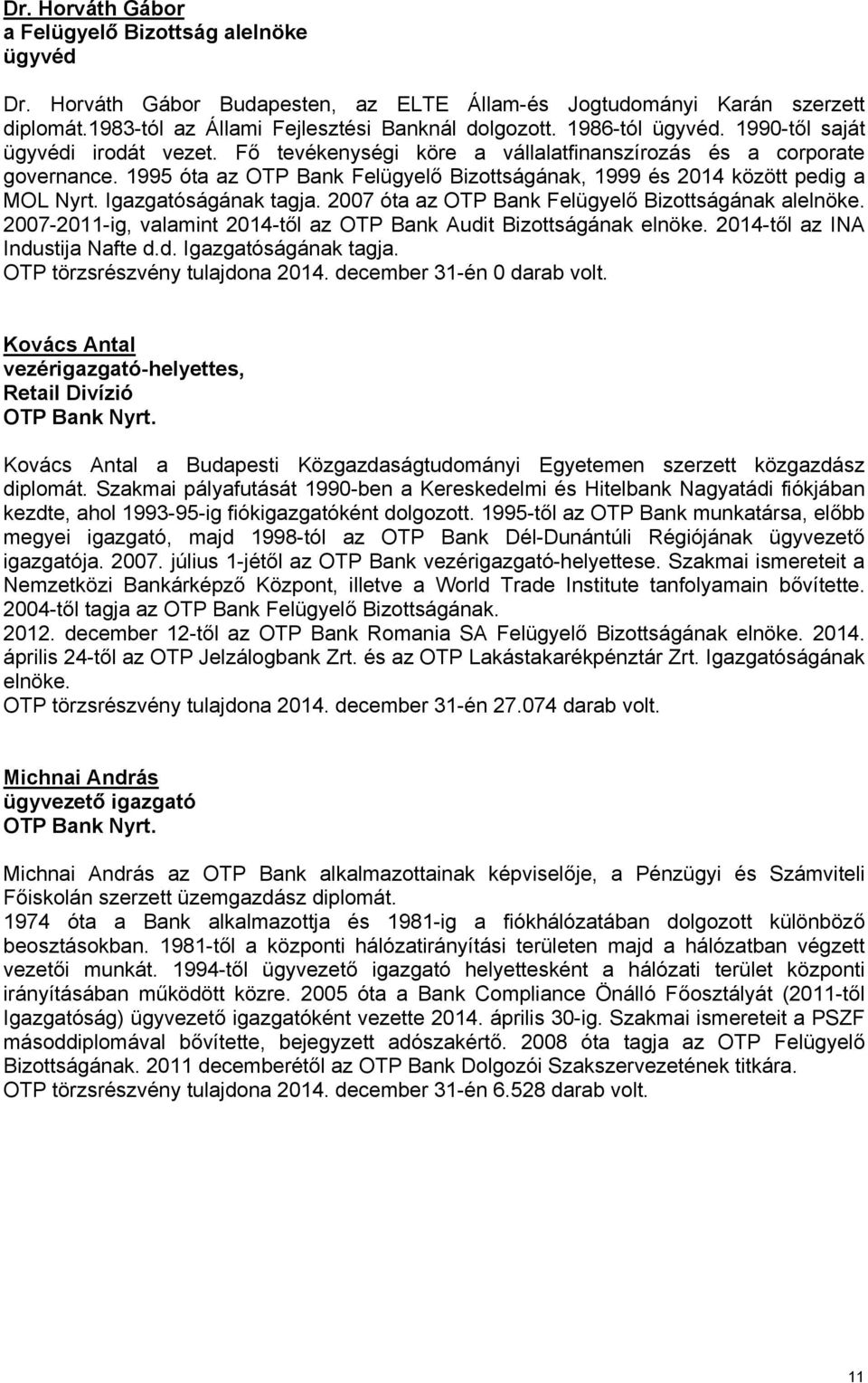 1995 óta az OTP Bank Felügyelő Bizottságának, 1999 és 2014 között pedig a MOL Nyrt. Igazgatóságának tagja. 2007 óta az OTP Bank Felügyelő Bizottságának alelnöke.