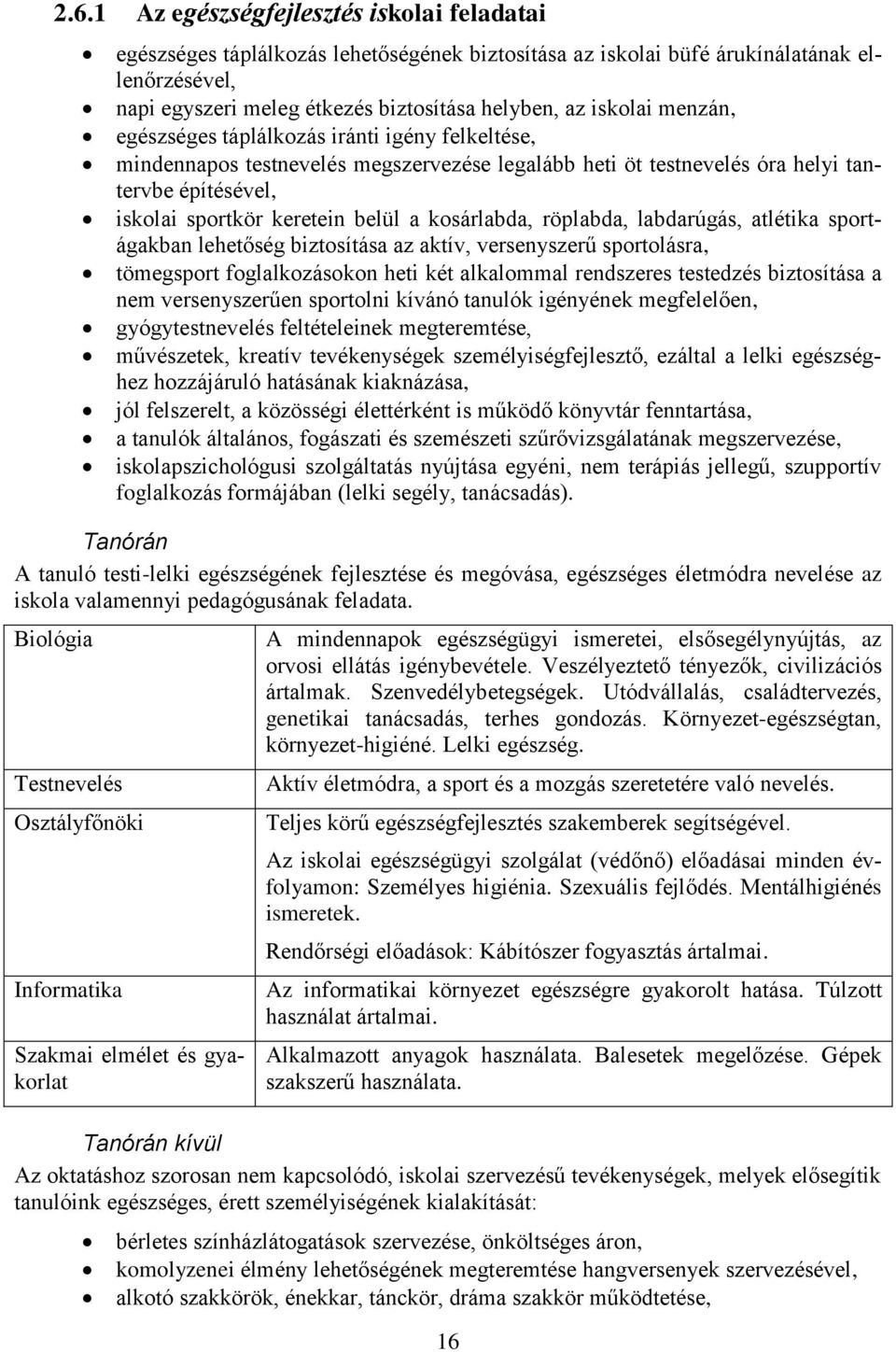 kosárlabda, röplabda, labdarúgás, atlétika sportágakban lehetőség biztosítása az aktív, versenyszerű sportolásra, tömegsport foglalkozásokon heti két alkalommal rendszeres testedzés biztosítása a nem