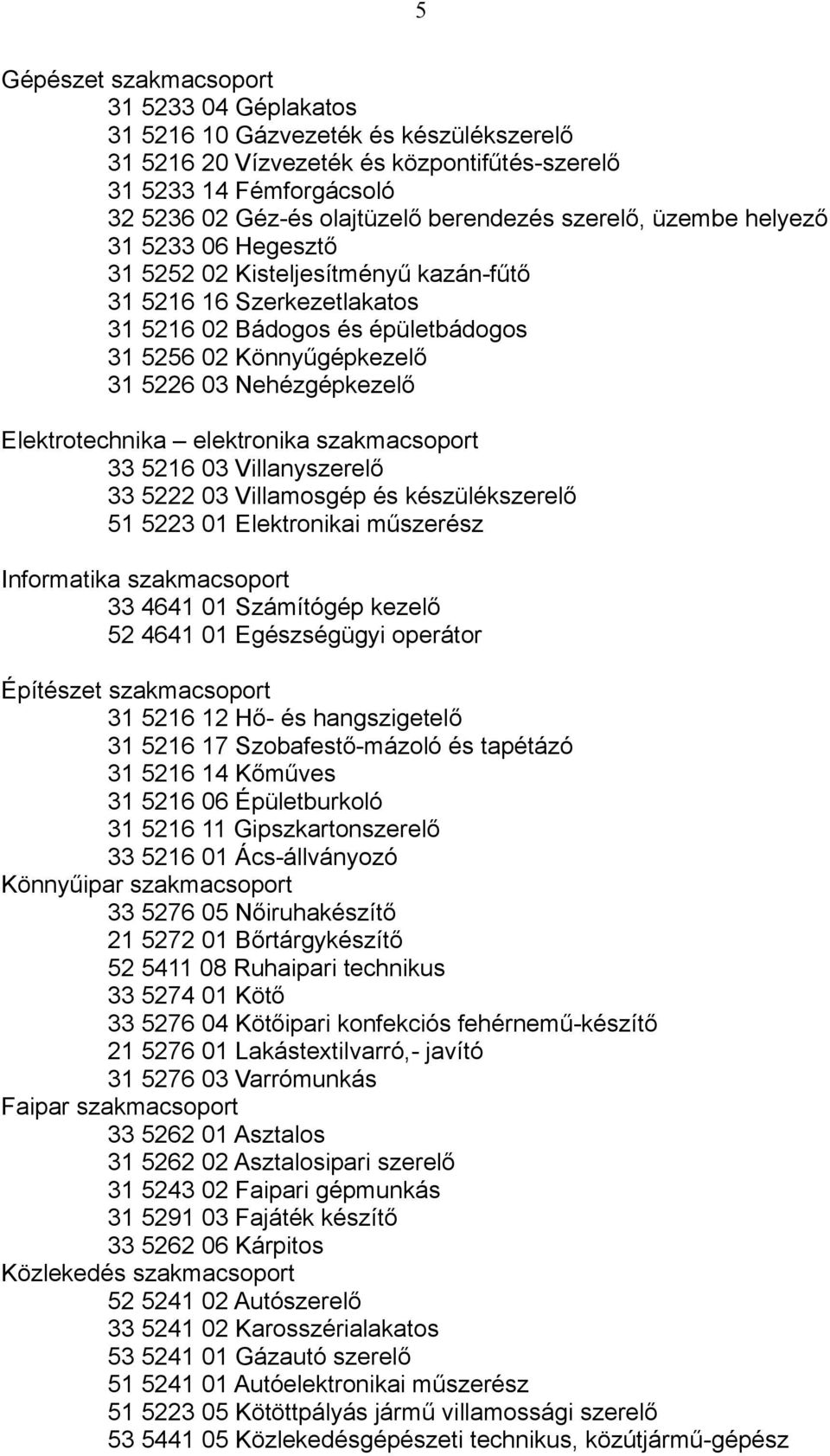 Elektrotechnika elektronika szakmacsoport 33 5216 03 Villanyszerelő 33 5222 03 Villamosgép és készülékszerelő 51 5223 01 Elektronikai műszerész Informatika szakmacsoport 33 4641 01 Számítógép kezelő