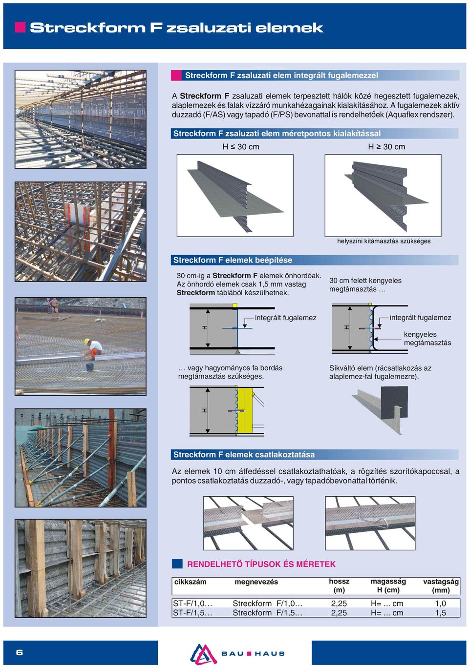 Streckform F zsaluzati elem méretpontos kialakítással 30 cm 30 cm Streckform F elemek beépítése helyszíni kitámasztás szükséges 30 cm-ig a Streckform F elemek önhordóak.