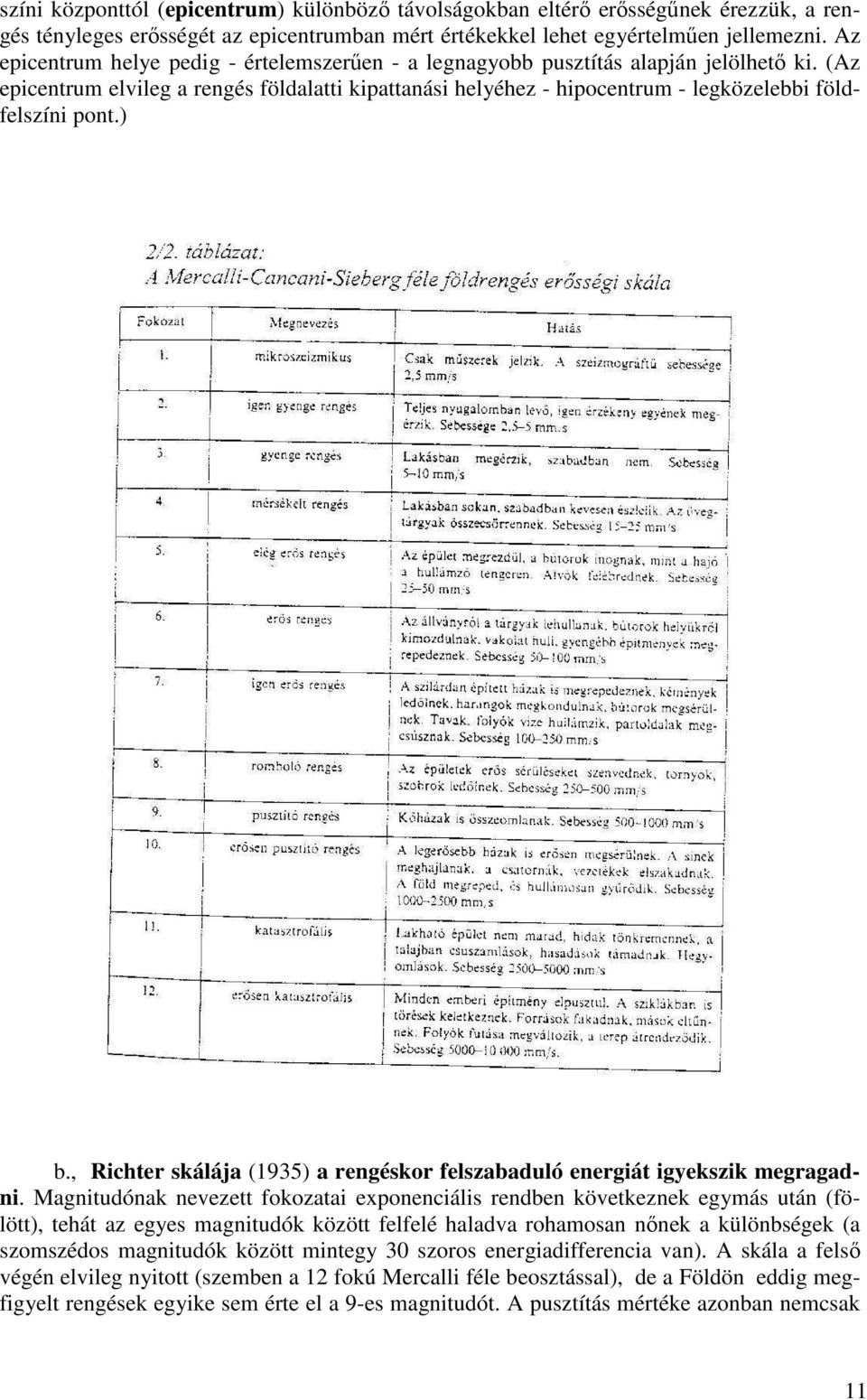 (Az epicentrum elvileg a rengés földalatti kipattanási helyéhez - hipocentrum - legközelebbi földfelszíni pont.) b., Richter skálája (1935) a rengéskor felszabaduló energiát igyekszik megragadni.
