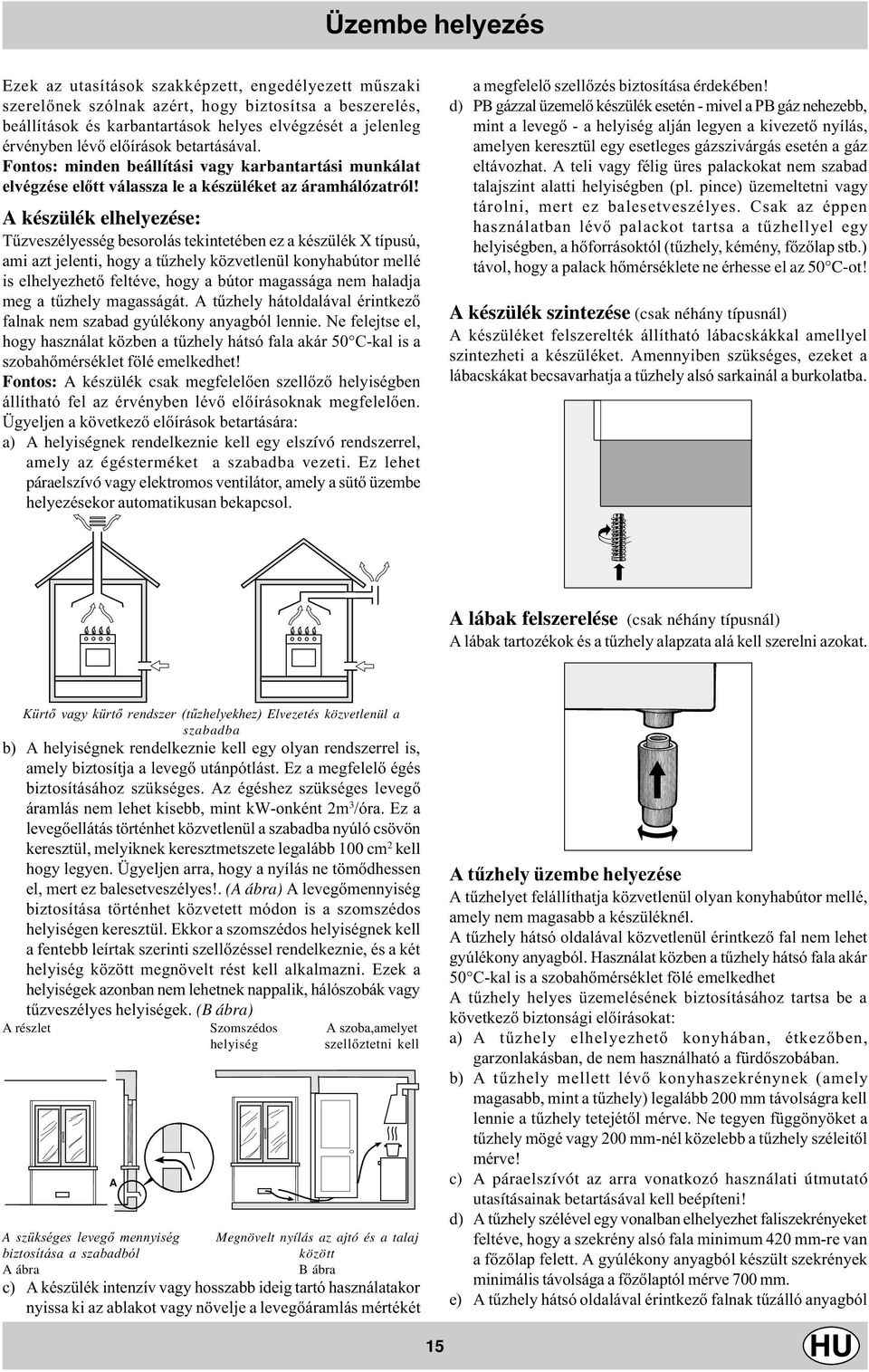 A készülék elhelyezése: Tûzveszélyesség besorolás tekintetében ez a készülék X típusú, ami azt jelenti, hogy a tûzhely közvetlenül konyhabútor mellé is elhelyezhetõ feltéve, hogy a bútor magassága