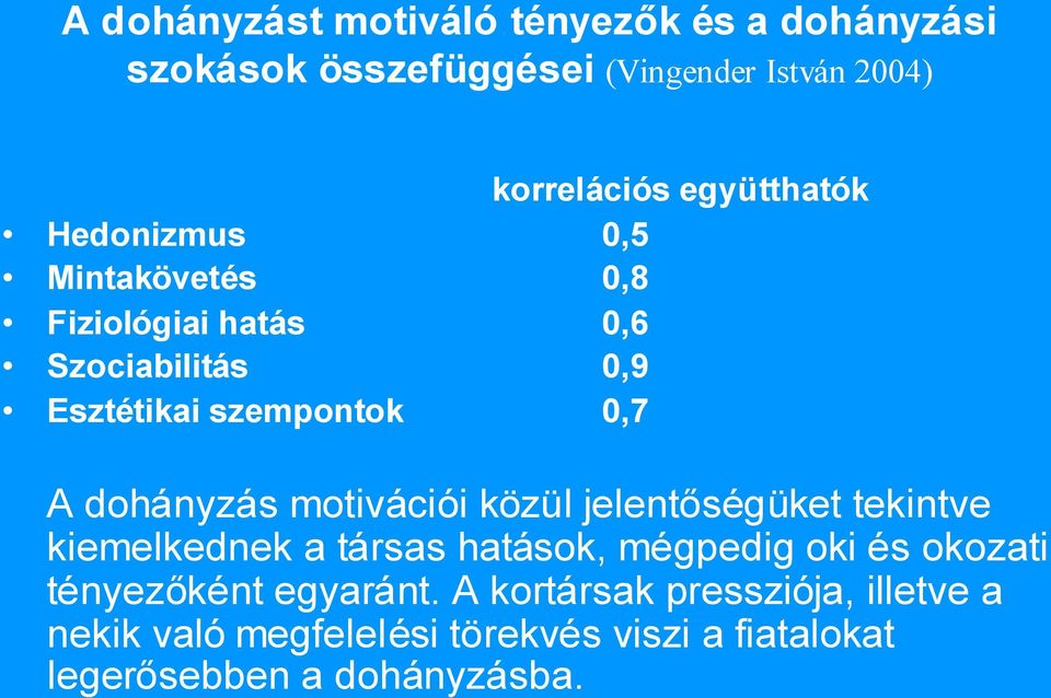 dohányzás motivációi közül jelentőségüket tekintve kiemelkednek a társas hatások, mégpedig oki és okozati