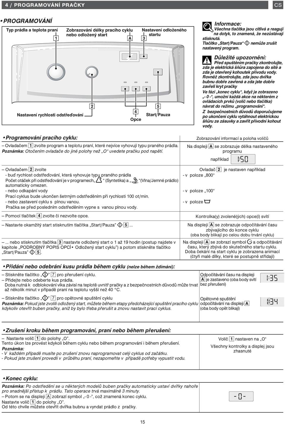 Před spuštěním pračky zkontrolujte, zda je elektrická šňůra zapojena do sítě a zda je otevřený kohoutek přívodu vody.