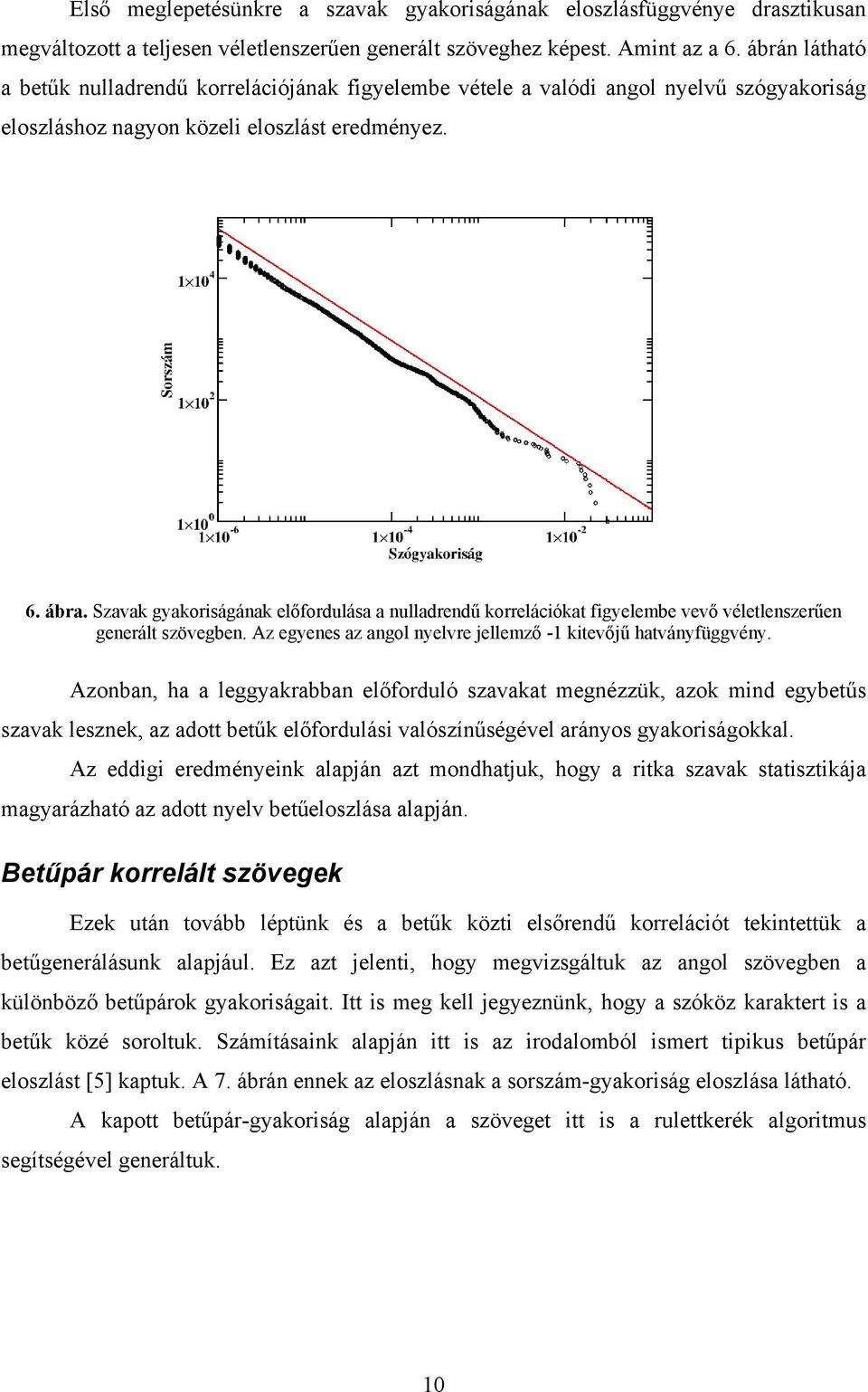 Szavak gyakoriságának előfordulása a nulladrendű korrelációkat figyelembe vevő véletlenszerűen generált szövegben. Az egyenes az angol nyelvre jellemző -1 kitevőjű hatványfüggvény.