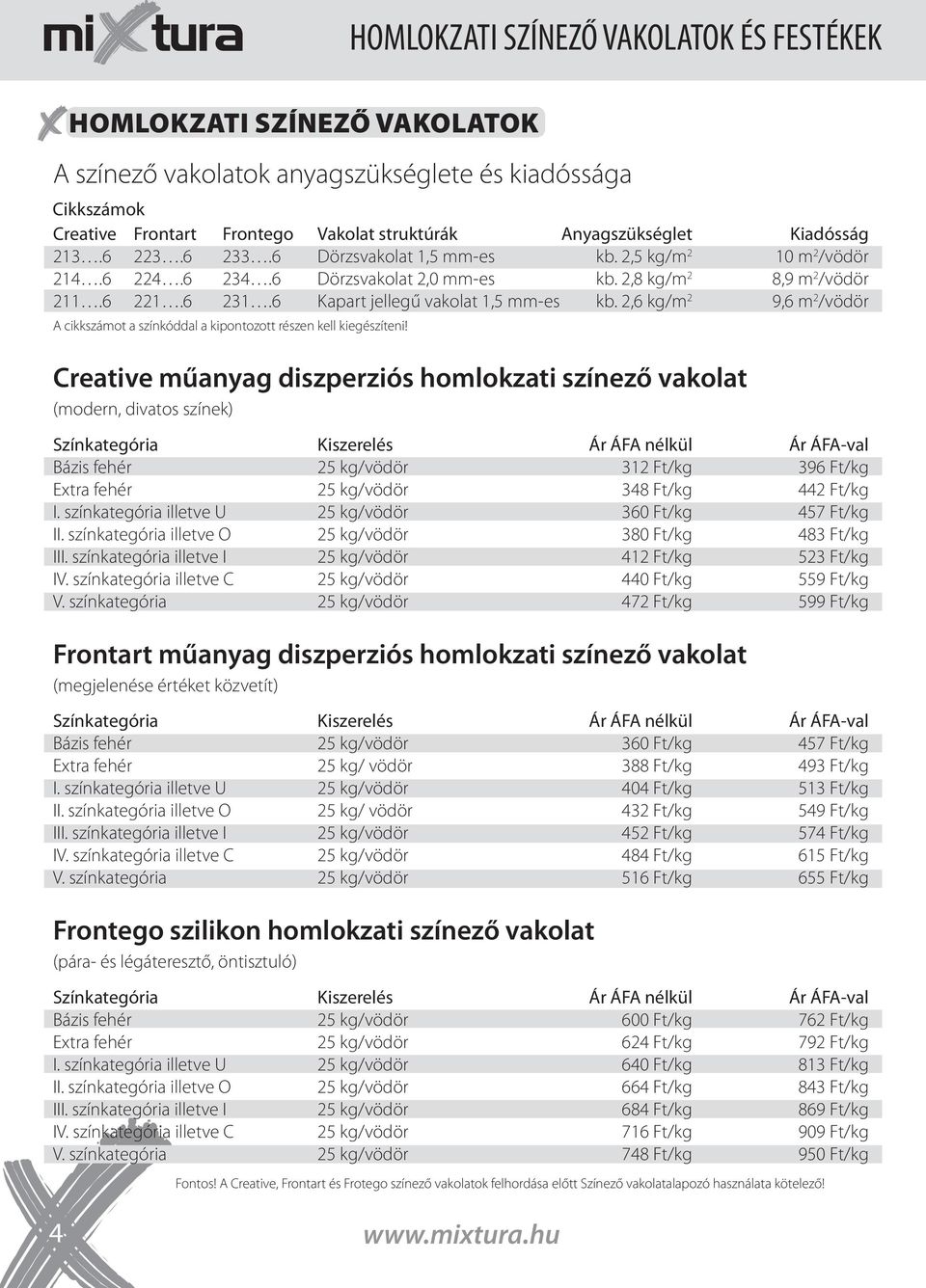 6 Kapart jellegű vakolat 1,5 mm-es kb. 2,6 kg/m 2 9,6 m 2 /vödör A cikkszámot a színkóddal a kipontozott részen kell kiegészíteni!