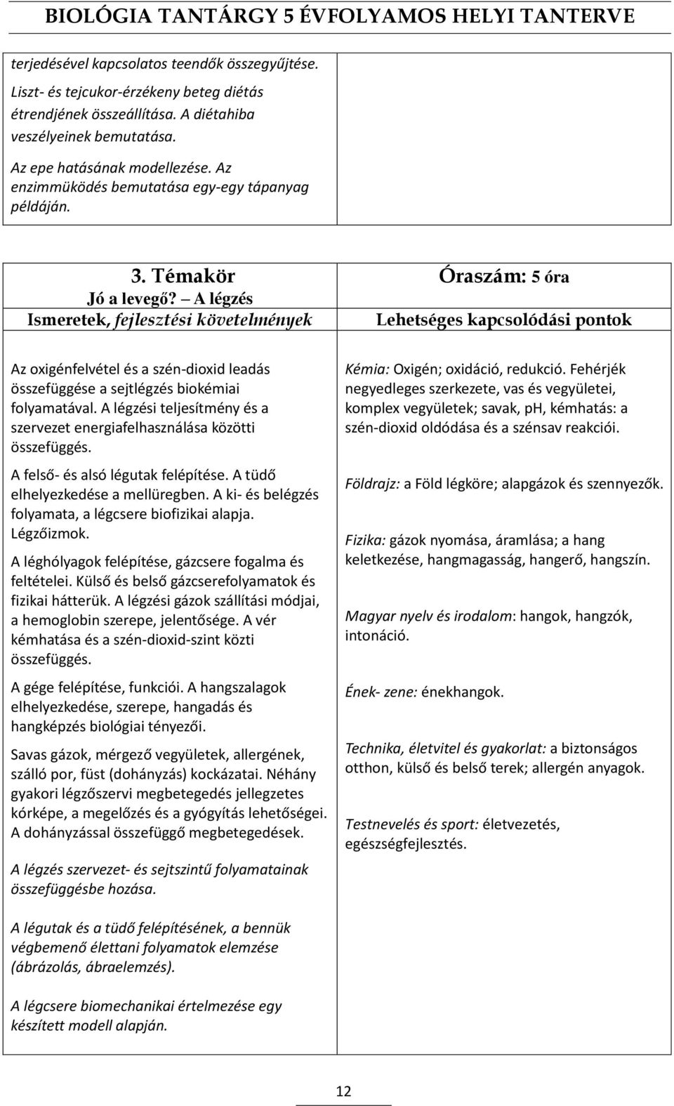 A légzési teljesítmény és a szervezet energiafelhasználása közötti összefüggés. A felső- és alsó légutak felépítése. A tüdő elhelyezkedése a mellüregben.