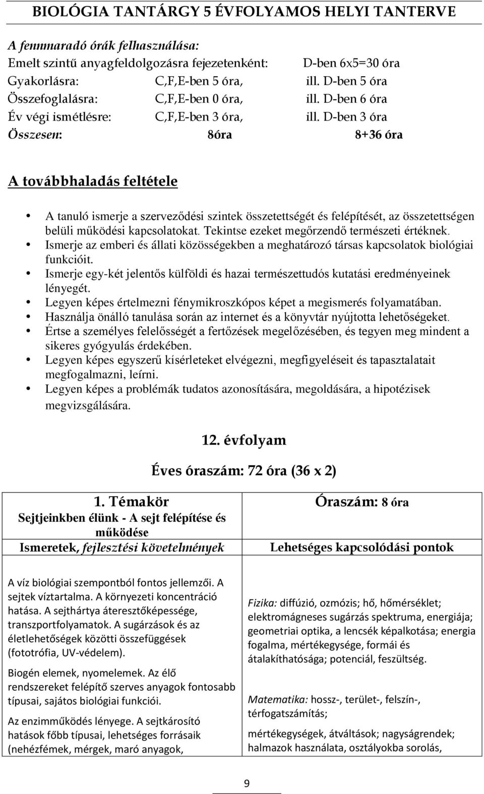 D-ben 3 óra Összesen: 8óra 8+36 óra A továbbhaladás feltétele A tanuló ismerje a szerveződési szintek összetettségét és felépítését, az összetettségen belüli működési kapcsolatokat.