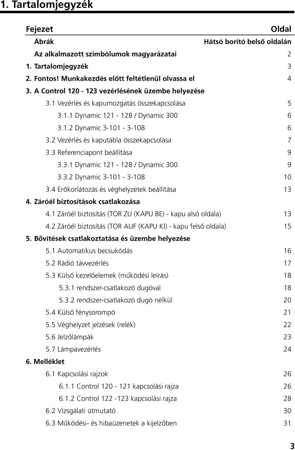 2 Vezérlés és kaputábla összekapcsolása 7 3.3 Referenciapont beállítása 9 3.3.1 Dynamic 121-128 / Dynamic 300 9 3.3.2 Dynamic 3-101 - 3-108 10 3.4 ErŒkorlátozás és véghelyzetek beállítása 13 4.