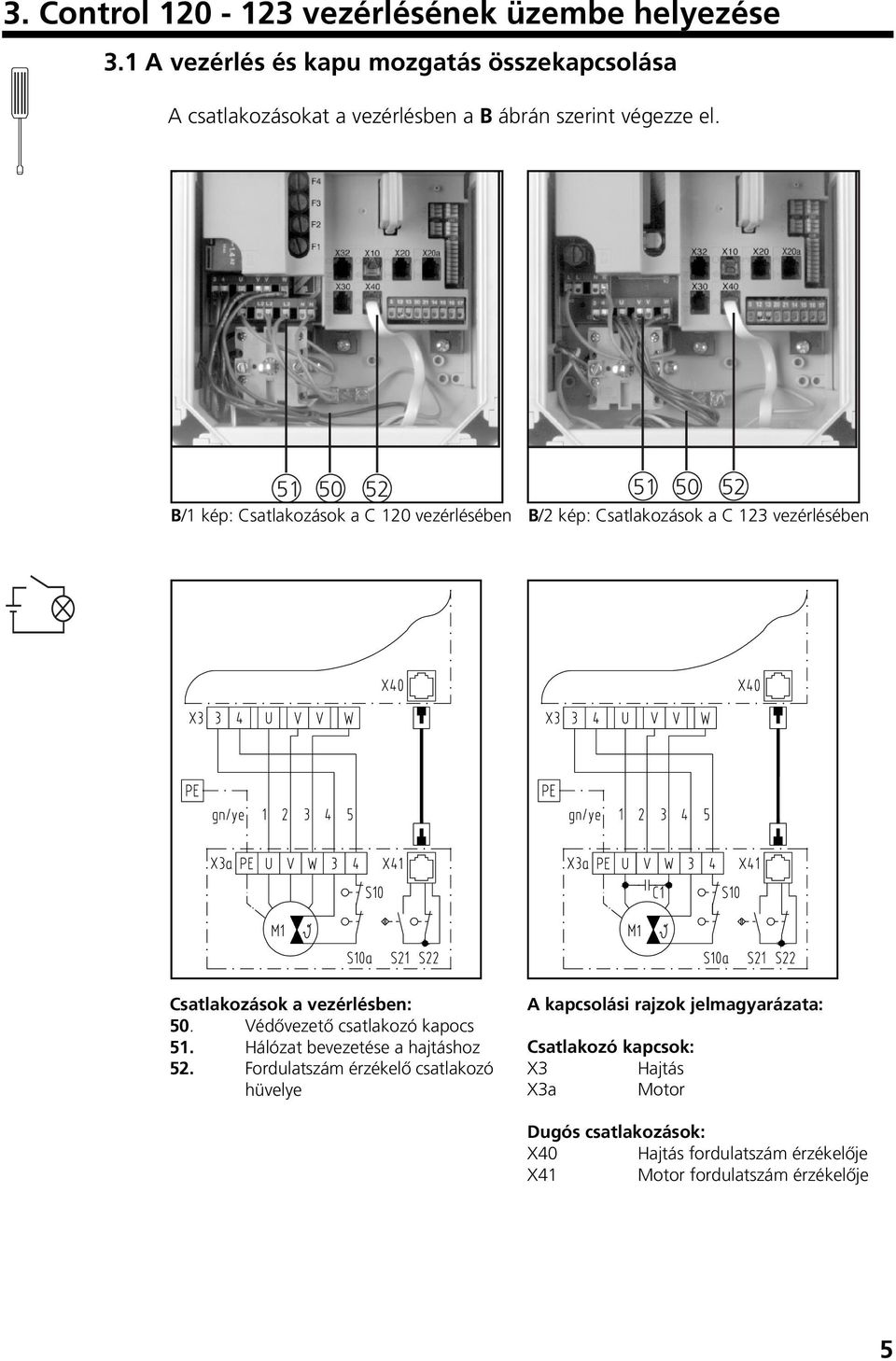 51 50 52 51 50 52 B/1 kép: Csatlakozások a C 120 vezérlésében B/2 kép: Csatlakozások a C 123 vezérlésében Csatlakozások a vezérlésben: 50.