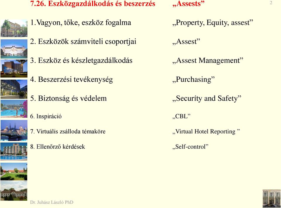 Eszközök számviteli csoportjai Assest 3. Eszköz és készletgazdálkodás Assest Management 4.