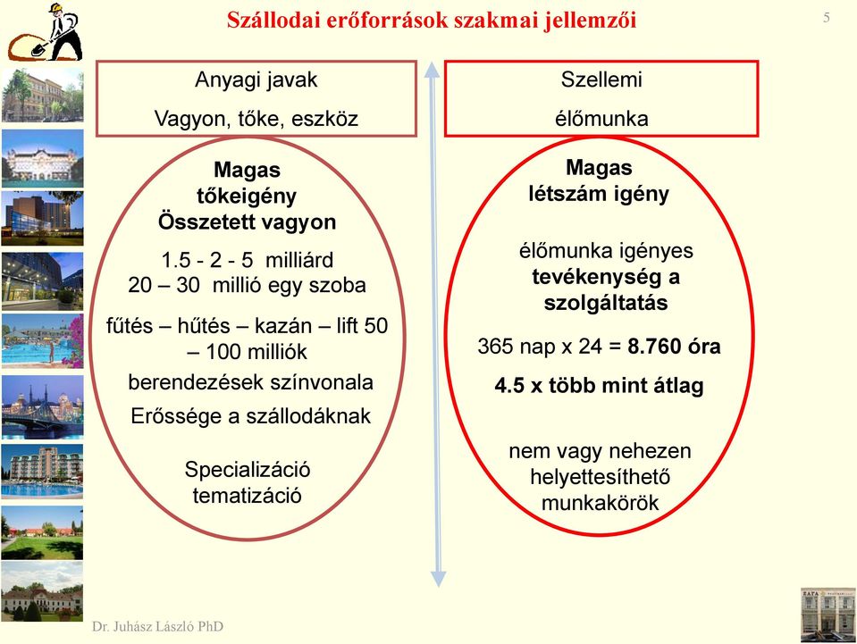 Erőssége a szállodáknak Specializáció tematizáció Szellemi élőmunka Magas létszám igény élőmunka igényes