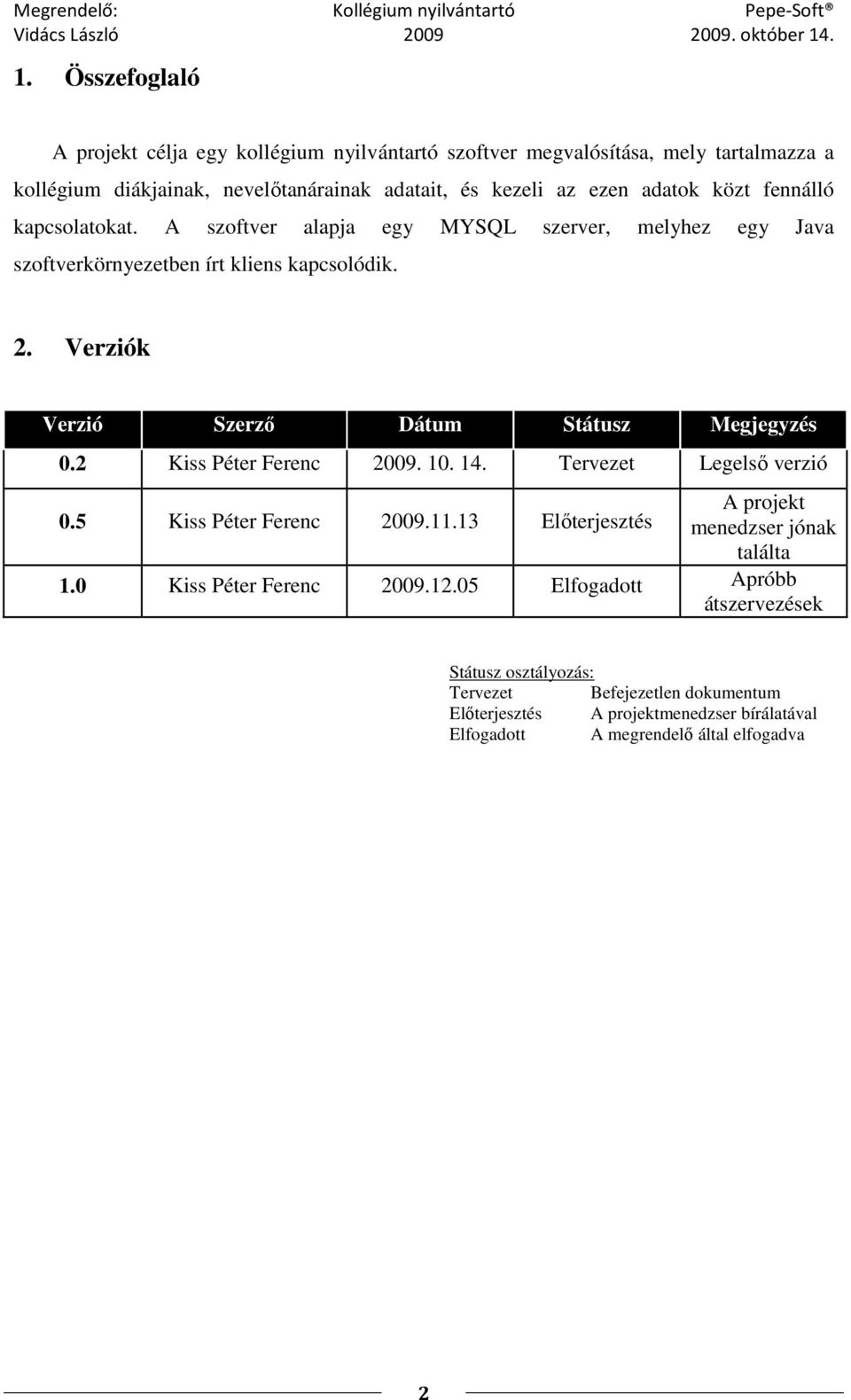 Verziók Verzió Szerzı Dátum Státusz Megjegyzés 0.2 Kiss Péter Ferenc 2009. 10. 14. Tervezet Legelsı verzió 0.5 Kiss Péter Ferenc 2009.11.