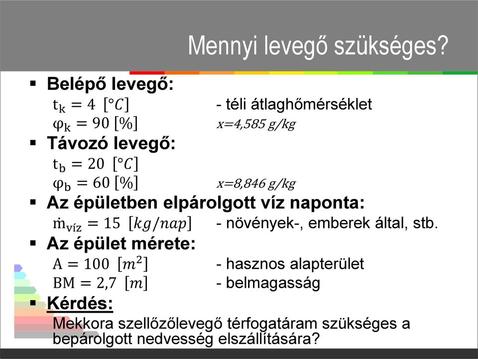 x=8,846 g/kg Az épületben elpárolgott víz naponta: m víz = 15 kg/nap - növények-, emberek által, stb.