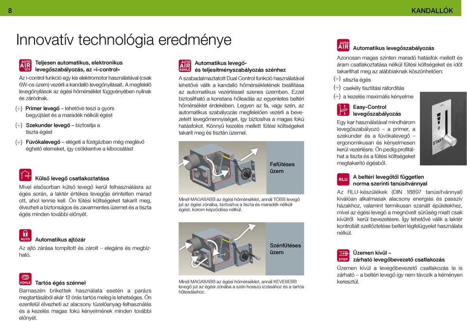 Primer levegő lehetővé teszi a gyors begyújtást és a maradék nélküli égést Szekunder levegő biztosítja a tiszta égést Fúvókalevegő elégeti a füstgázban még meglévő éghető elemeket, így csökkentve a