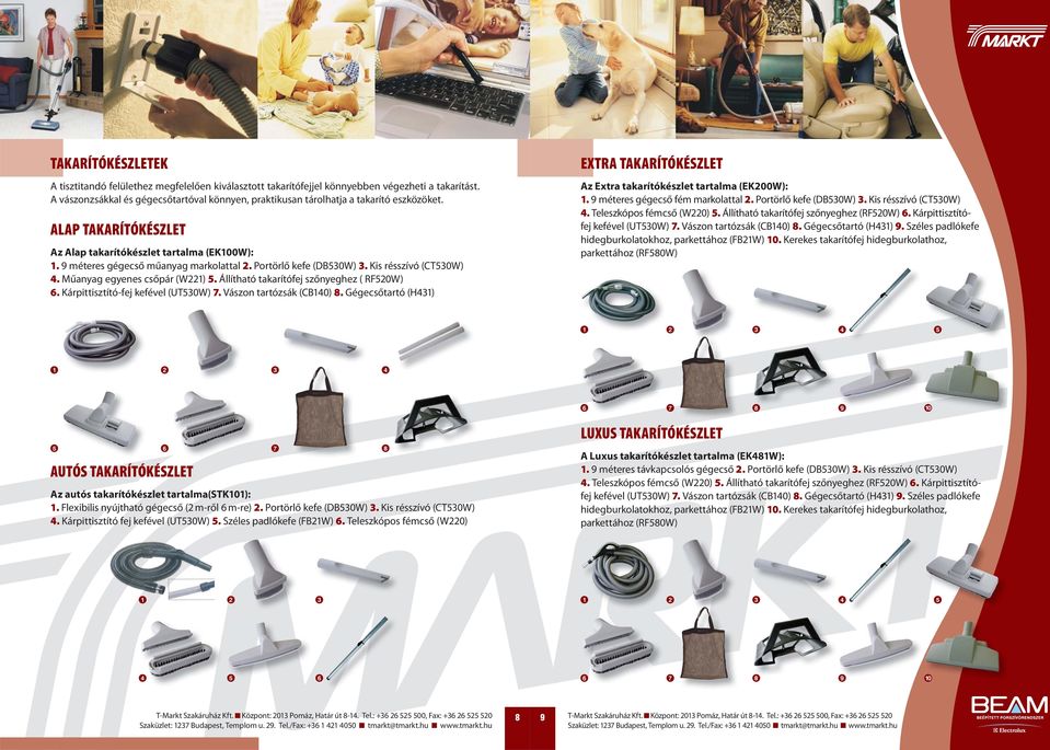 Portörlő kefe (DB30W) 3. Kis résszívó (CT30W) 4. Műanyag egyenes csőpár (W221). Állítható takarítófej szőnyeghez ( RF20W) 6. Kárpittisztító-fej kefével (UT30W) 7. Vászon tartózsák (CB140) 8.