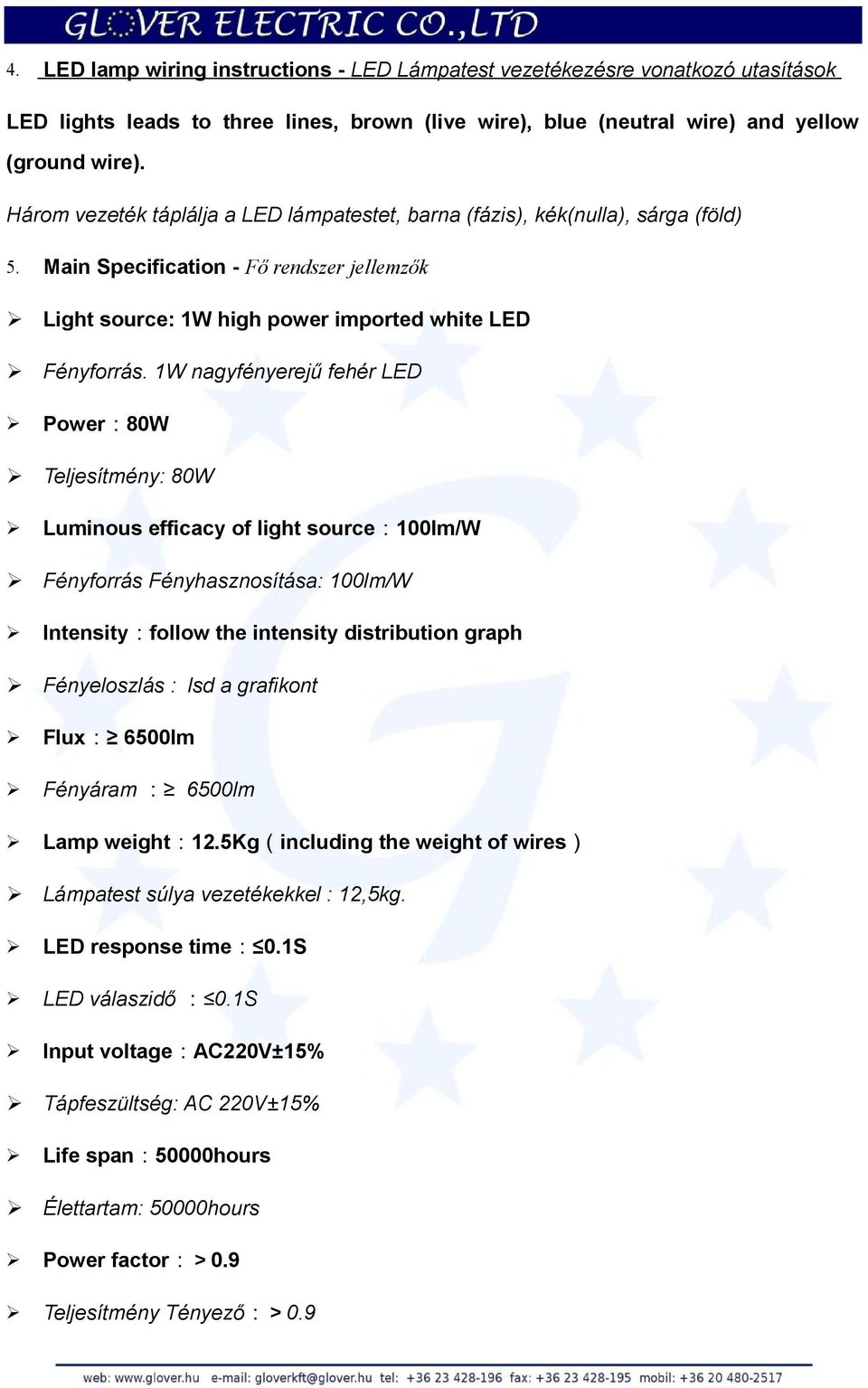 1W nagyfényerejű fehér LED Power 80W Teljesítmény: 80W Luminous efficacy of light source 100lm/W Fényforrás Fényhasznosítása: 100lm/W Intensity follow the intensity distribution graph Fényeloszlás :