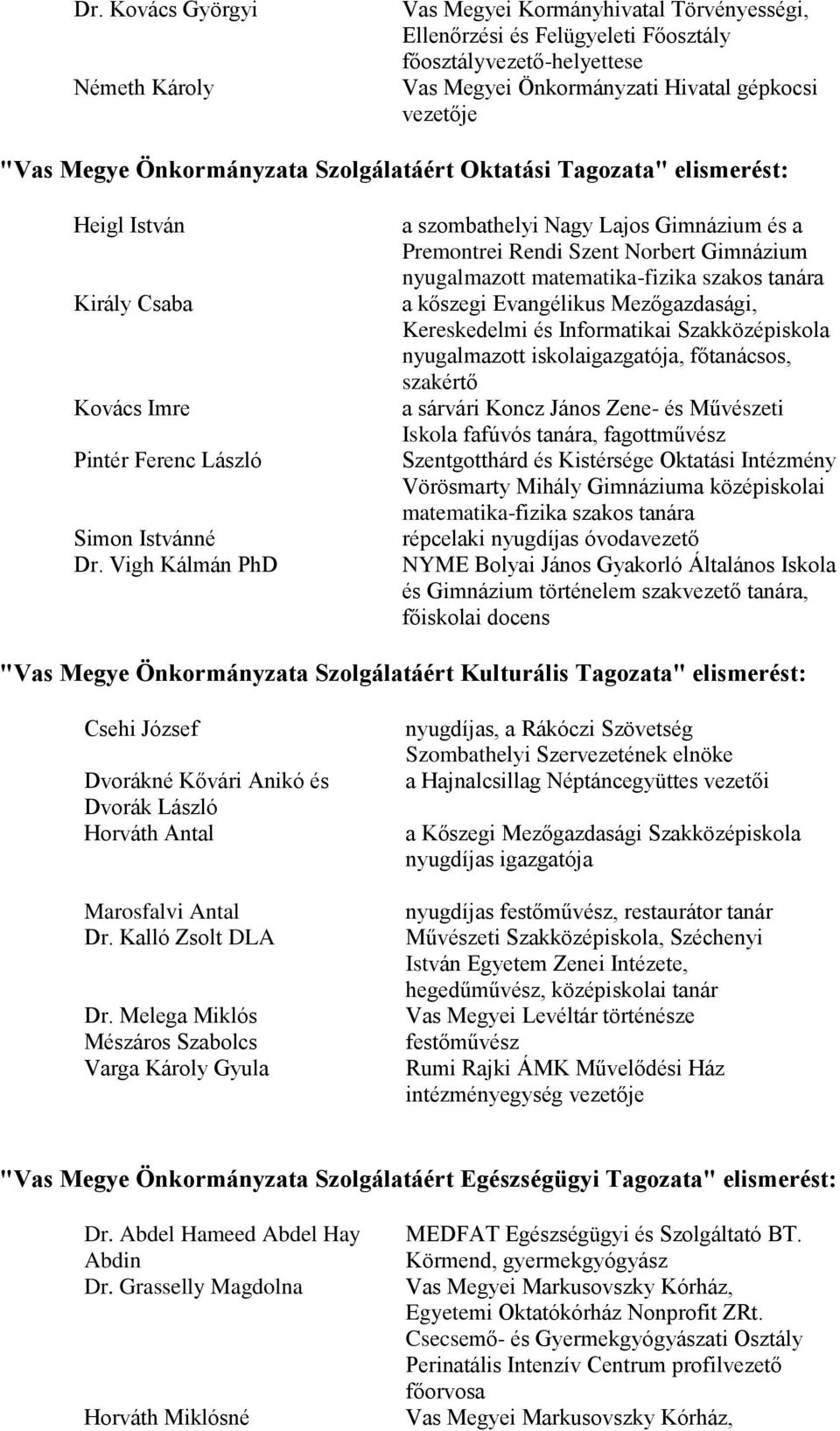 Vigh Kálmán PhD a szombathelyi Nagy Lajos Gimnázium és a Premontrei Rendi Szent Norbert Gimnázium nyugalmazott matematika-fizika szakos tanára a kőszegi Evangélikus Mezőgazdasági, Kereskedelmi és