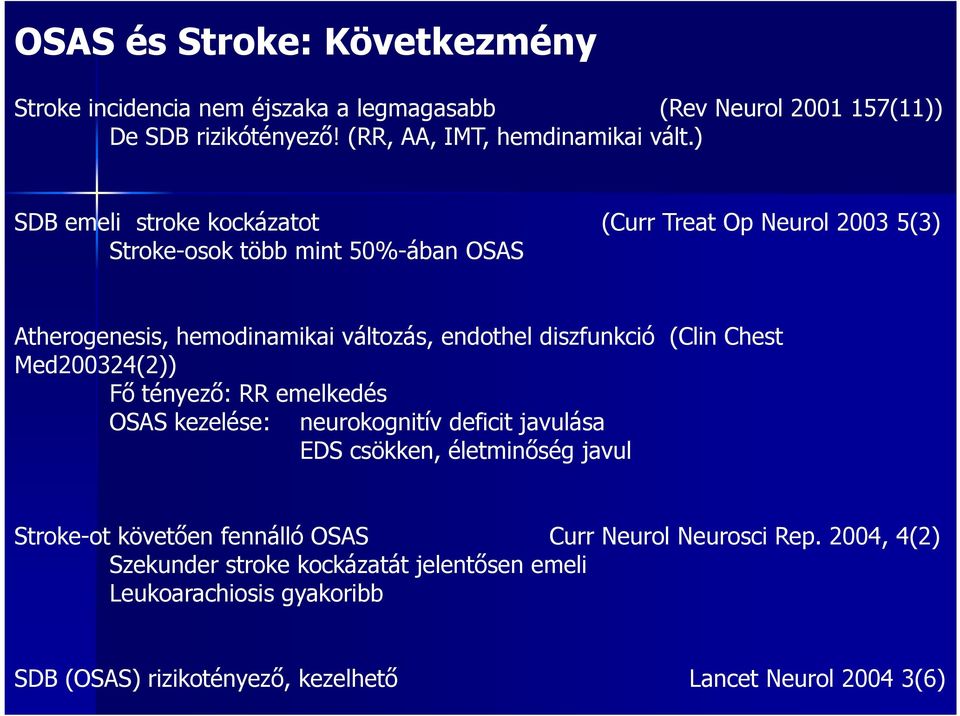 (Clin Chest Med200324(2)) Fő tényező: RR emelkedés OSAS kezelése: neurokognitív deficit javulása EDS csökken, életminőség javul Stroke-ot követően fennálló