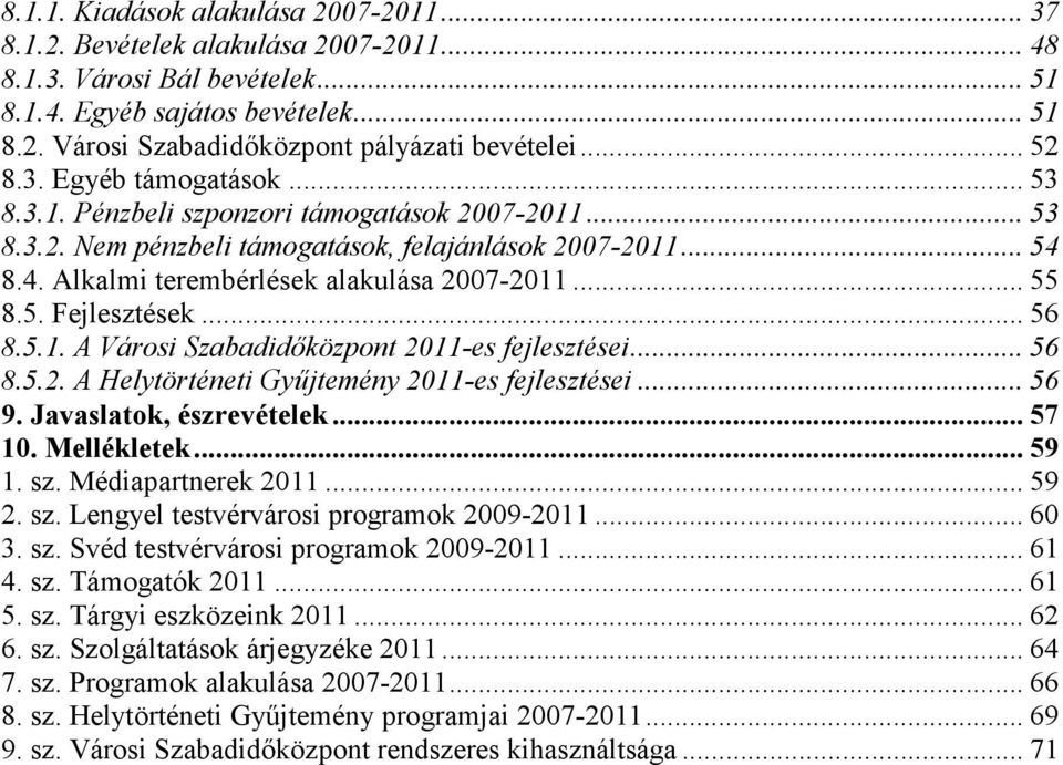 .. 55 8.5. Fejlesztések... 56 8.5.1. A Városi Szabadidőközpont 2011-es fejlesztései... 56 8.5.2. A Helytörténeti Gyűjtemény 2011-es fejlesztései... 56 9. Javaslatok, észrevételek... 57 10.