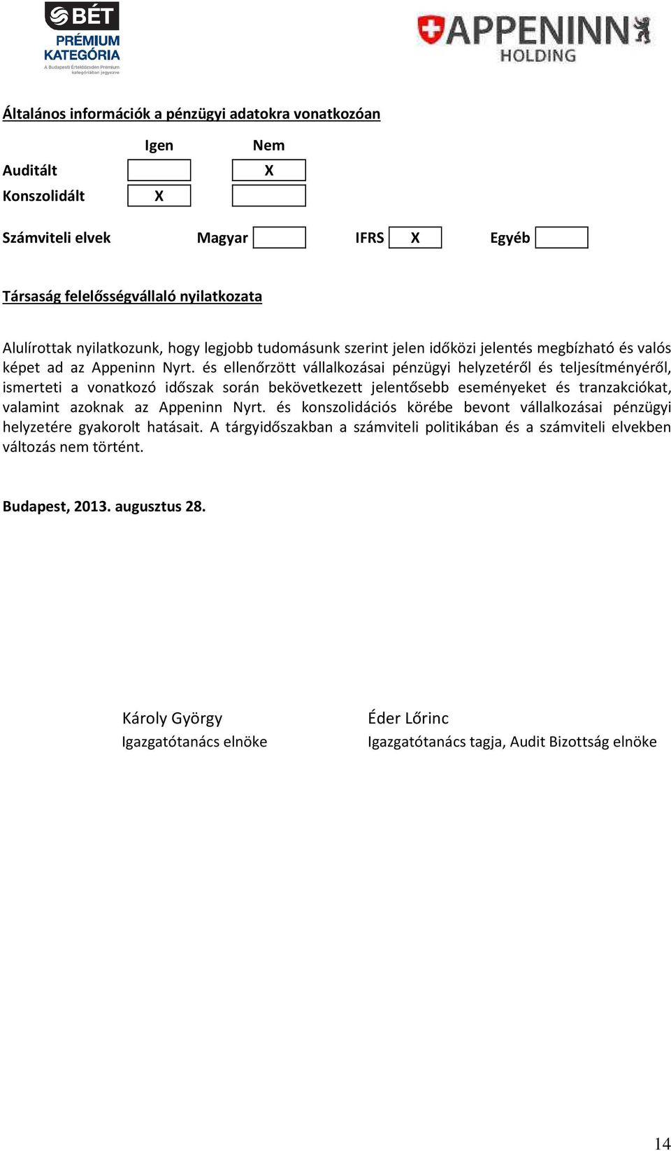 és ellenőrzött vállalkozásai pénzügyi helyzetéről és teljesítményéről, ismerteti a vonatkozó időszak során bekövetkezett jelentősebb eseményeket és tranzakciókat, valamint azoknak az Appeninn Nyrt.