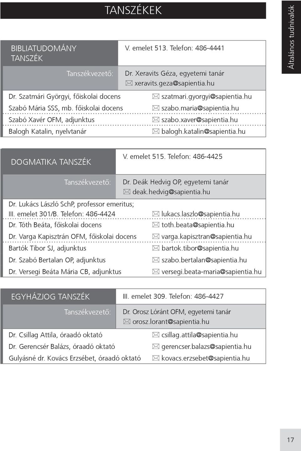 hu Általános tudnivalók DOGMATIKA TANSZÉK V. emelet 515. Telefon: 486-4425 Tanszékvezető: Dr. Lukács László SchP, professor emeritus; III. emelet 301/B. Telefon: 486-4424 Dr.