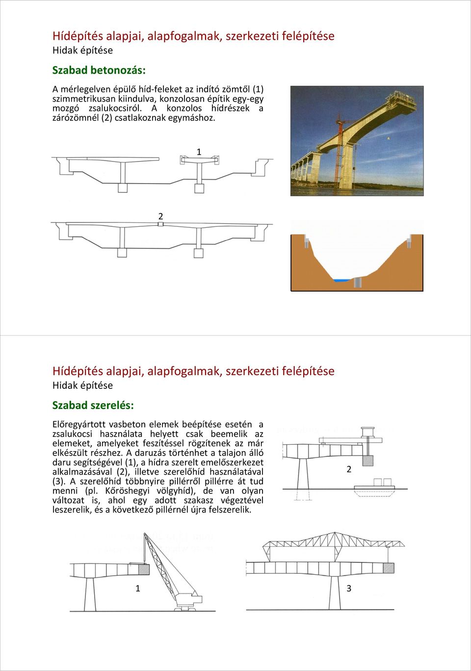 1 2 Hídépítés alapjai, alapfogalmak, szerkezeti felépítése Hidak építése Szabad szerelés: Előregyártott vasbeton elemek beépítése esetén a zsalukocsi használata helyett csak beemelik az elemeket,