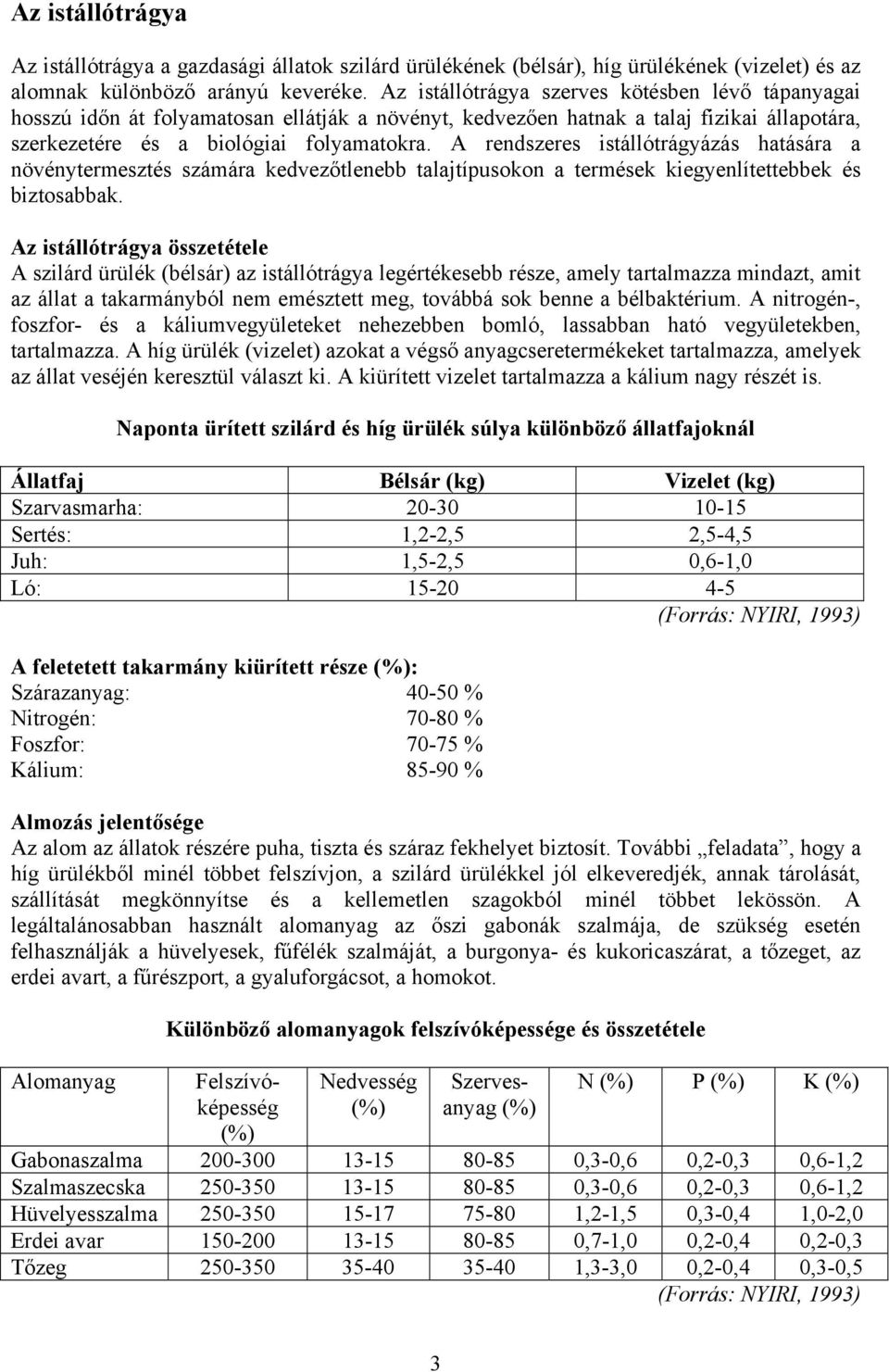 A rendszeres istállótrágyázás hatására a növénytermesztés számára kedvezőtlenebb talajtípusokon a termések kiegyenlítettebbek és biztosabbak.