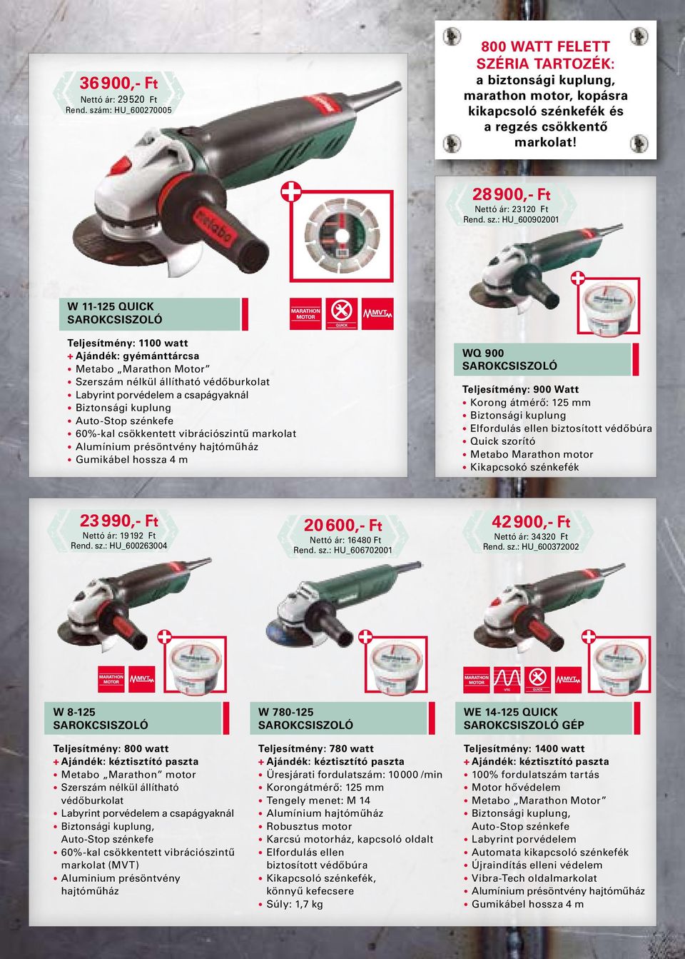 : HU_600902001 W 11-125 Quick Sarokcsiszoló Teljesítmény: 1100 watt + Ajándék: gyémánttárcsa metabo Marathon Motor szerszám nélkül állítható védőburkolat Labyrint porvédelem a csapágyaknál biztonsági