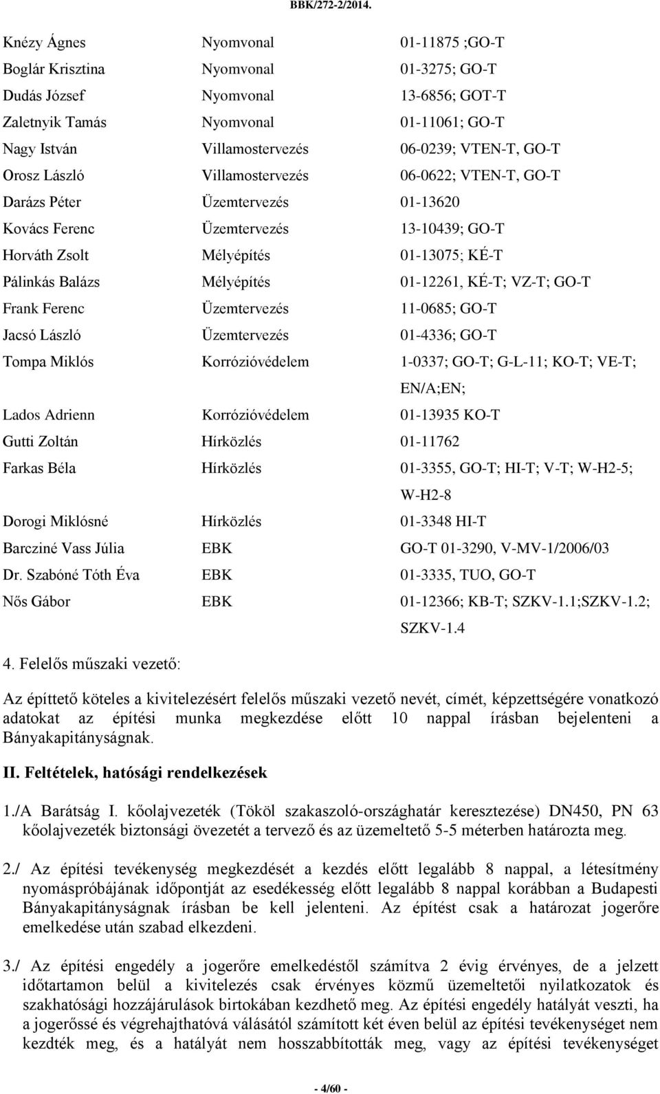 Mélyépítés 01-12261, KÉ-T; VZ-T; GO-T Frank Ferenc Üzemtervezés 11-0685; GO-T Jacsó László Üzemtervezés 01-4336; GO-T Tompa Miklós Korrózióvédelem 1-0337; GO-T; G-L-11; KO-T; VE-T; EN/A;EN; Lados