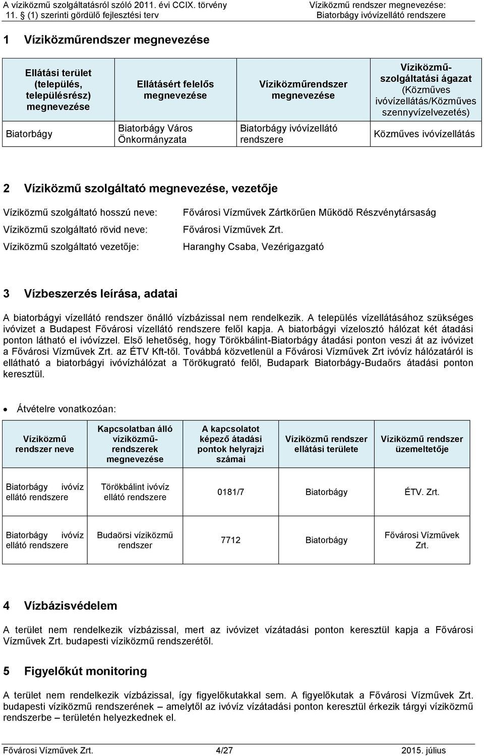 szolgáltató hosszú neve: Víziközmű szolgáltató rövid neve: Víziközmű szolgáltató vezetője: Fővárosi Vízművek Zártkörűen Működő Részvénytársaság Fővárosi Vízművek Zrt.