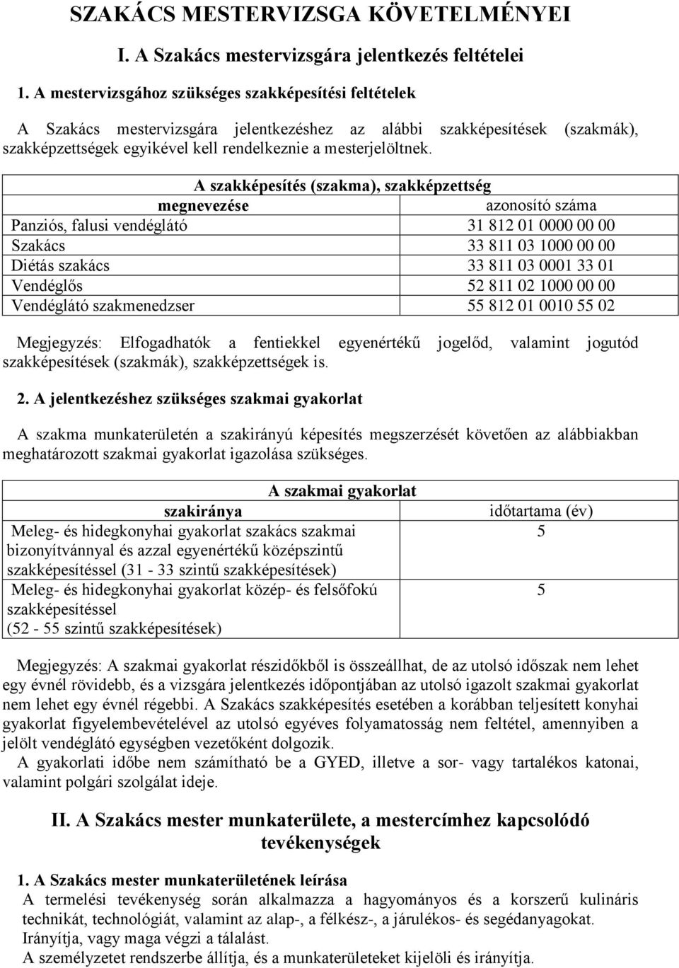 A szakképesítés (szakma), szakképzettség megnevezése azonosító száma Panziós, falusi vendéglátó 31 812 01 0000 00 00 Szakács 33 811 03 1000 00 00 Diétás szakács 33 811 03 0001 33 01 Vendéglős 52 811