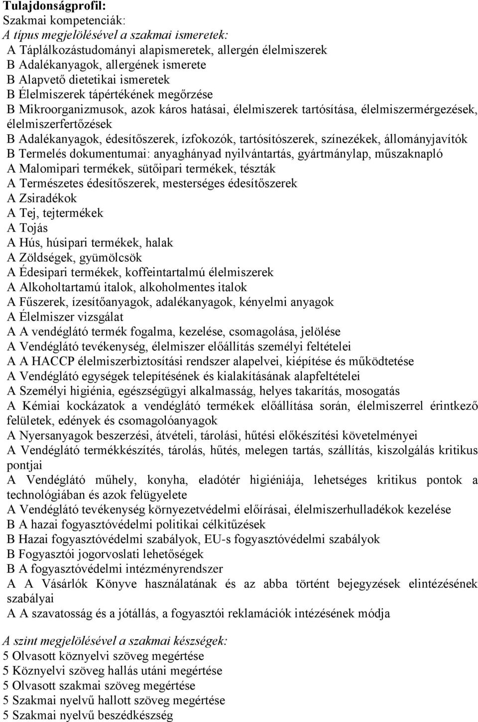 édesítőszerek, ízfokozók, tartósítószerek, színezékek, állományjavítók B Termelés dokumentumai: anyaghányad nyilvántartás, gyártmánylap, műszaknapló A Malomipari termékek, sütőipari termékek, tészták