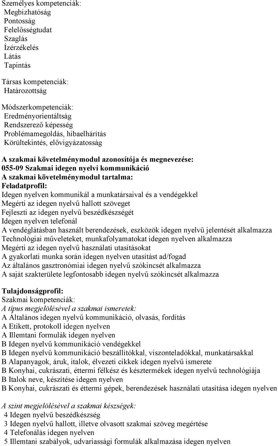 Feladatprofil: Idegen nyelven kommunikál a munkatársaival és a vendégekkel Megérti az idegen nyelvű hallott szöveget Fejleszti az idegen nyelvű beszédkészségét Idegen nyelven telefonál A