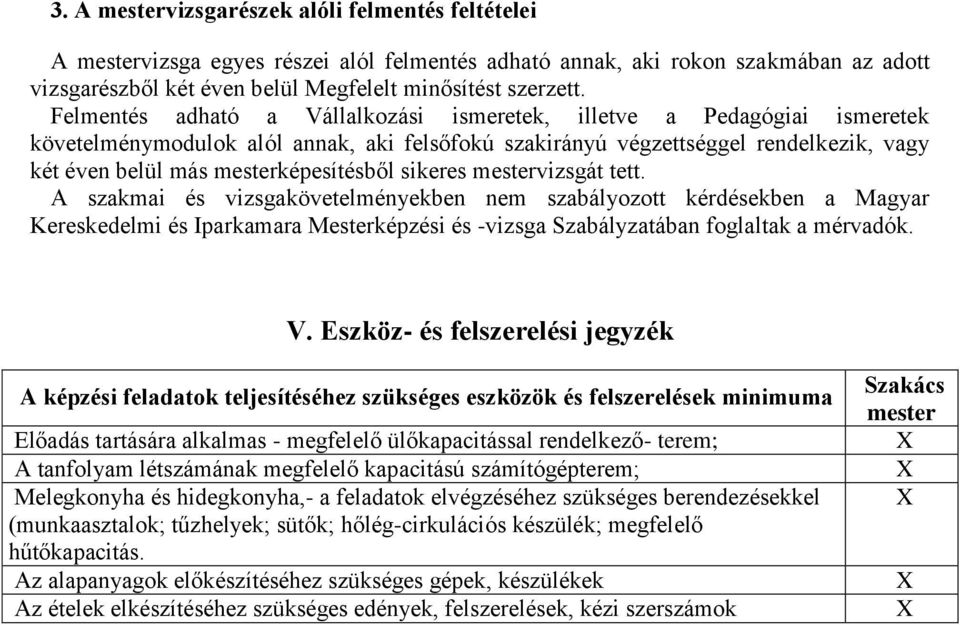 sikeres mestervizsgát tett. A szakmai és vizsgakövetelményekben nem szabályozott kérdésekben a Magyar Kereskedelmi és Iparkamara Mesterképzési és -vizsga Szabályzatában foglaltak a mérvadók. V.